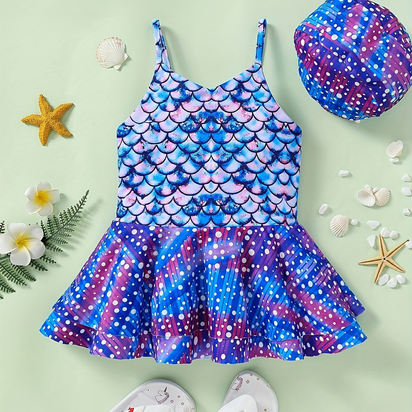 2pcs Toddler Girls Starry Polka Dot Swimsuit Set with Swimming Cap