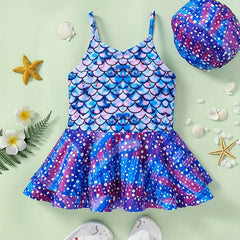 2pcs Toddler Girls Starry Polka Dot Swimsuit Set with Swimming Cap