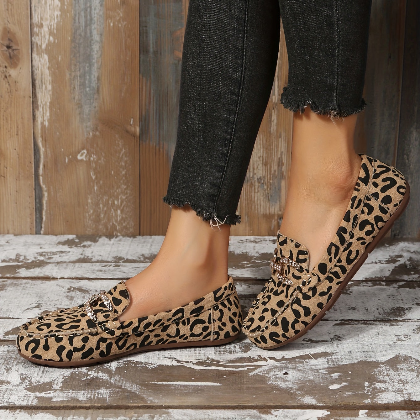 Leopard Print Rhinestone Slip On Round Toe Shoes Lightweight Non Slip