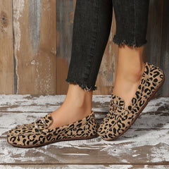 Leopard Print Rhinestone Slip On Round Toe Shoes Lightweight Non Slip