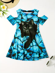 Girls 3D Cat Graphic Dress Short Sleeve Comfy Summery Party Gift