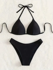 V Neck Bikini Sets Tie Back Backless High Cut Two Pieces Swimsuit