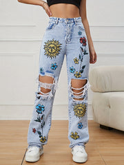 Floral Ripped Straight Jeans High Waist Distressed Denim Pants