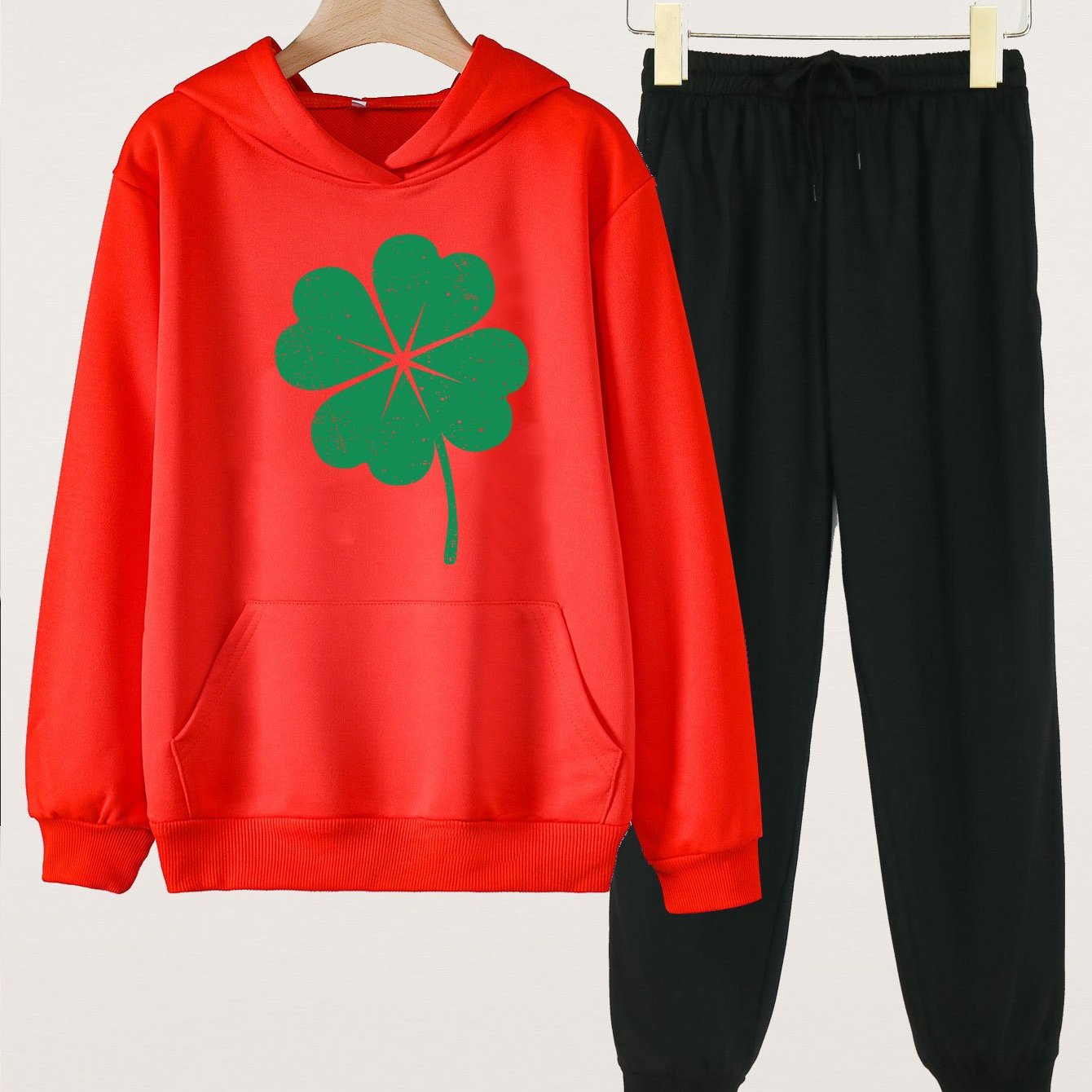 Clover Graphic 2pcs Sets Girls Long Sleeve Hoodies Solid Jogger Pants Set