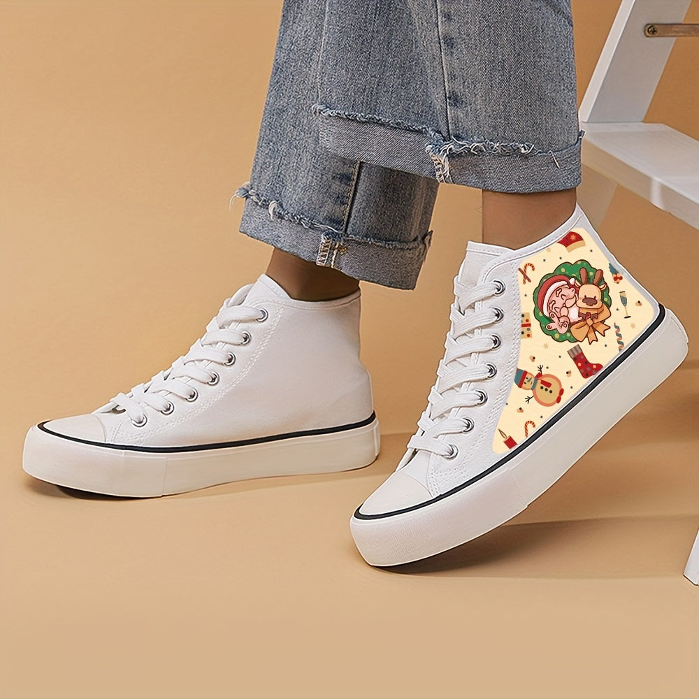 Santa Print Chunky Canvas Sneakers High Top Skate Shoes