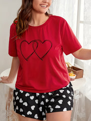 Women's Plus Heart Print Short Sleeve Tee & Shorts Pajamas Set