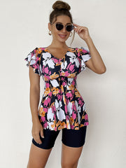 Ruffle Tankini Set V Neck Tie Front Swimsuit