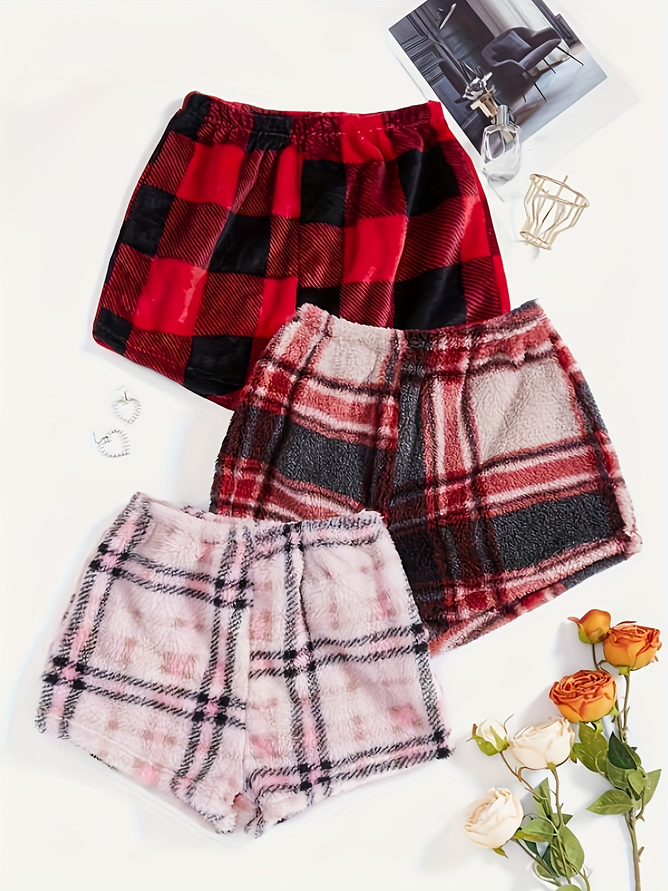3 Pack Plus Size Plaid Print Flannel Shorts Set