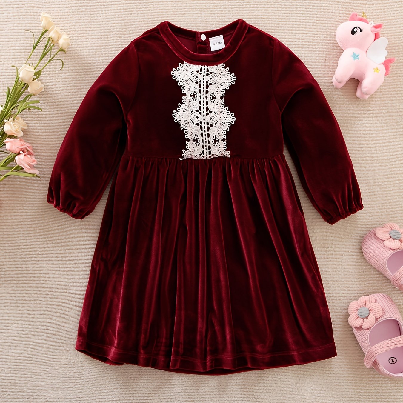 Baby Girls Lace Pleated Dress Fleece Thick Long Sleeve Dress