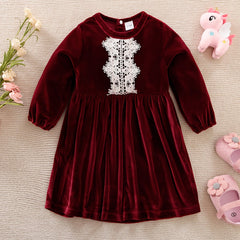 Baby Girls Lace Pleated Dress Fleece Thick Long Sleeve Dress