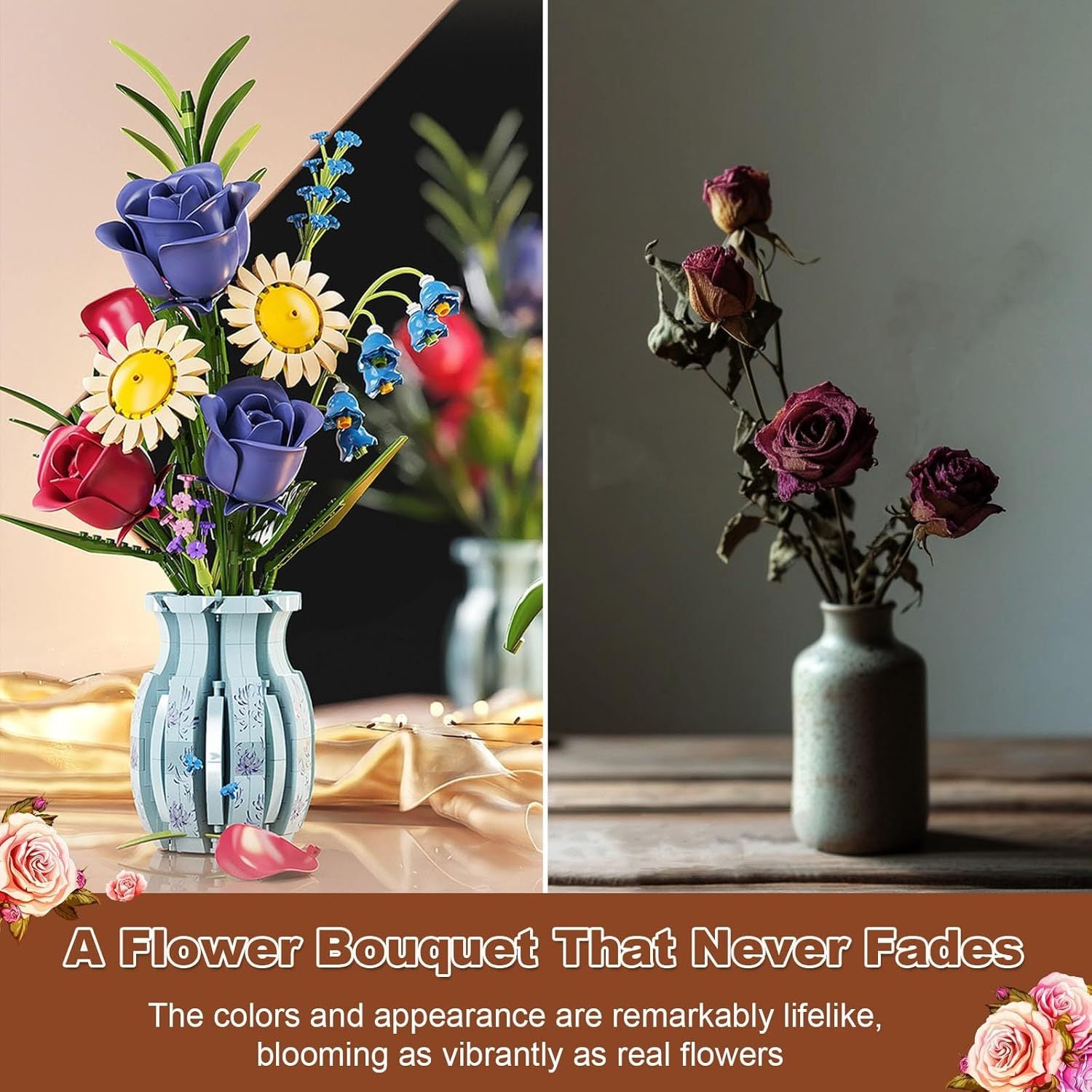 Flowers Bouquet Building Set Artificial Decor for Home Office
