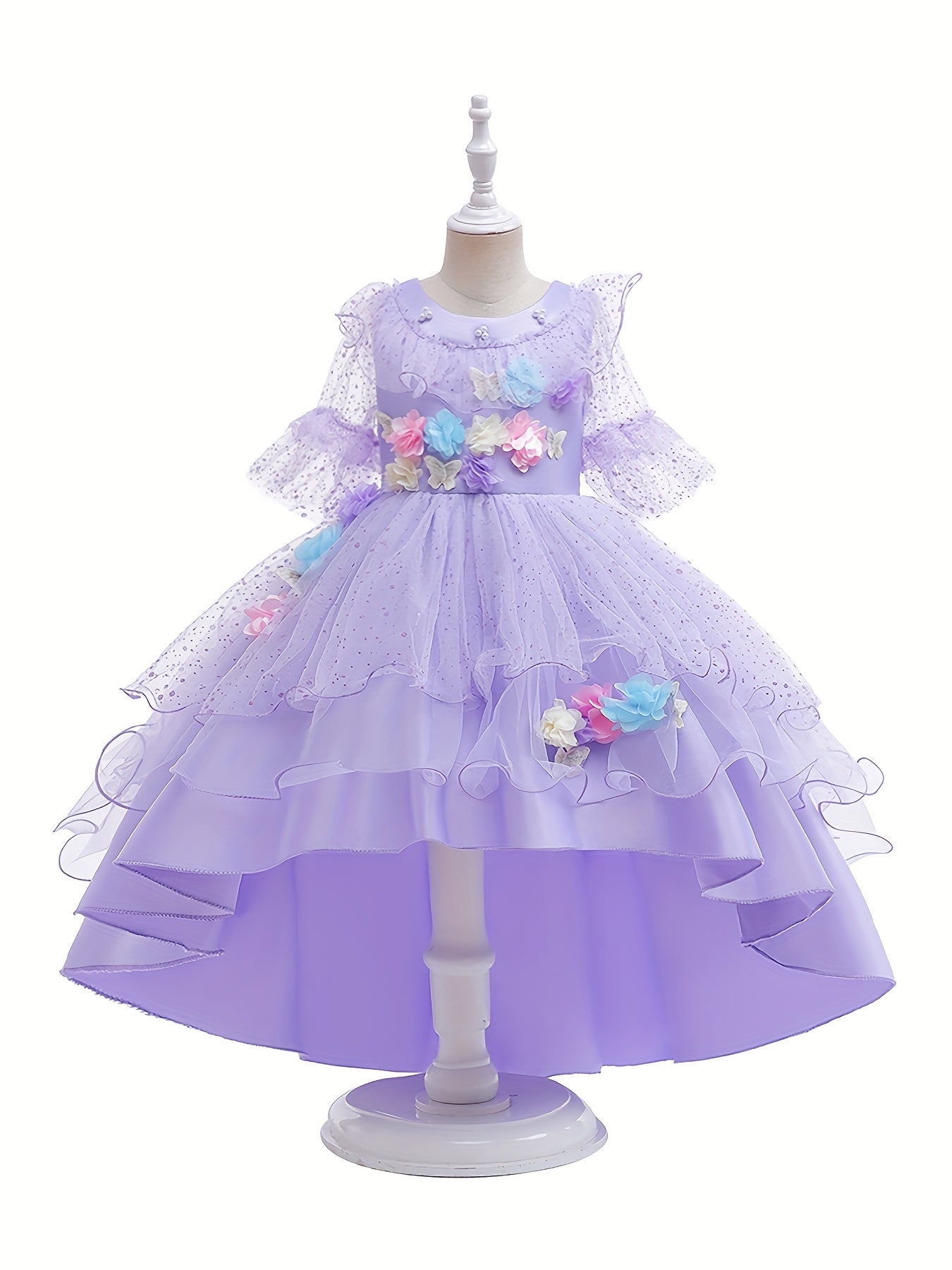 Girls Princess Lace Sleeve Dress Tulle Flowers Embroidery Halloween Costume