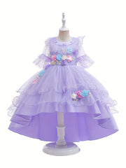 Girls Princess Lace Sleeve Dress Tulle Flowers Embroidery Halloween Costume