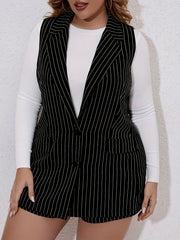 Striped Sleeveless Blazer & Shorts Suit Set Women Plus 2pcs Suit