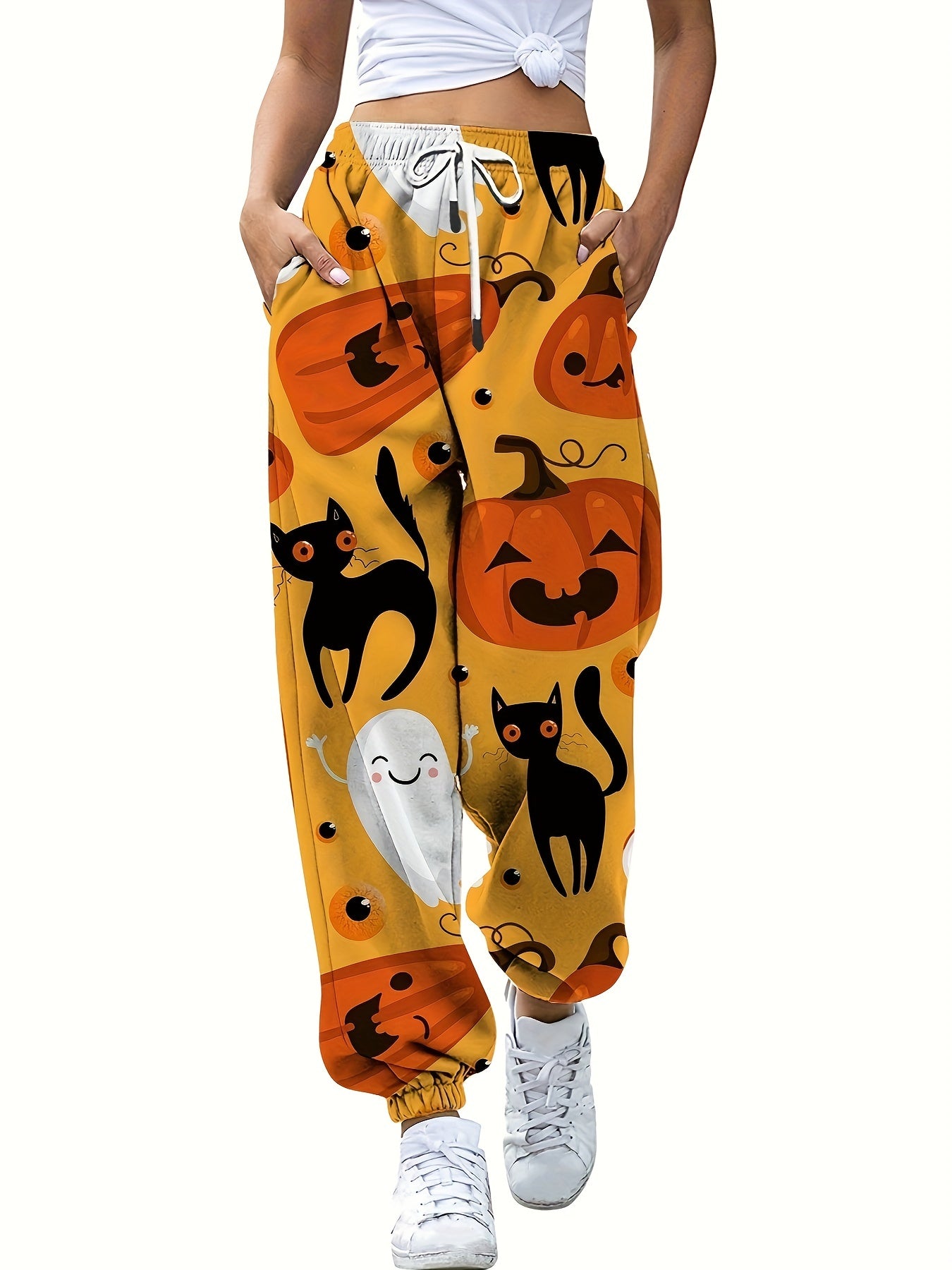 Pumpkin Print Halloween Drawstring Pants Women's Clothing