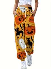 Pumpkin Print Halloween Drawstring Pants Women's Clothing