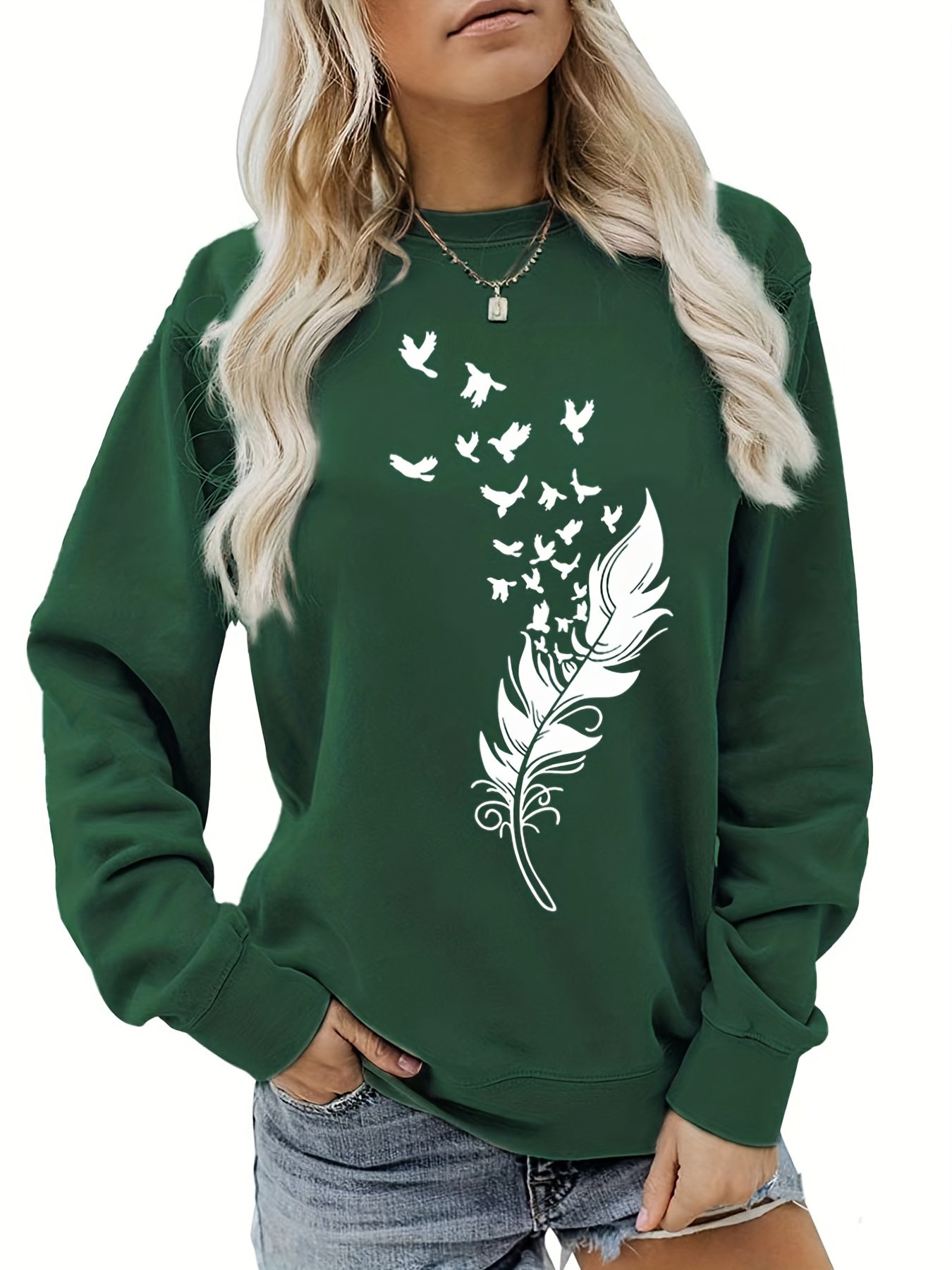 Feather Print Pullover Sweatshirt Loose Fit for Fall & Winter