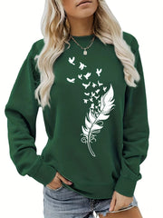 Feather Print Pullover Sweatshirt Loose Fit for Fall & Winter