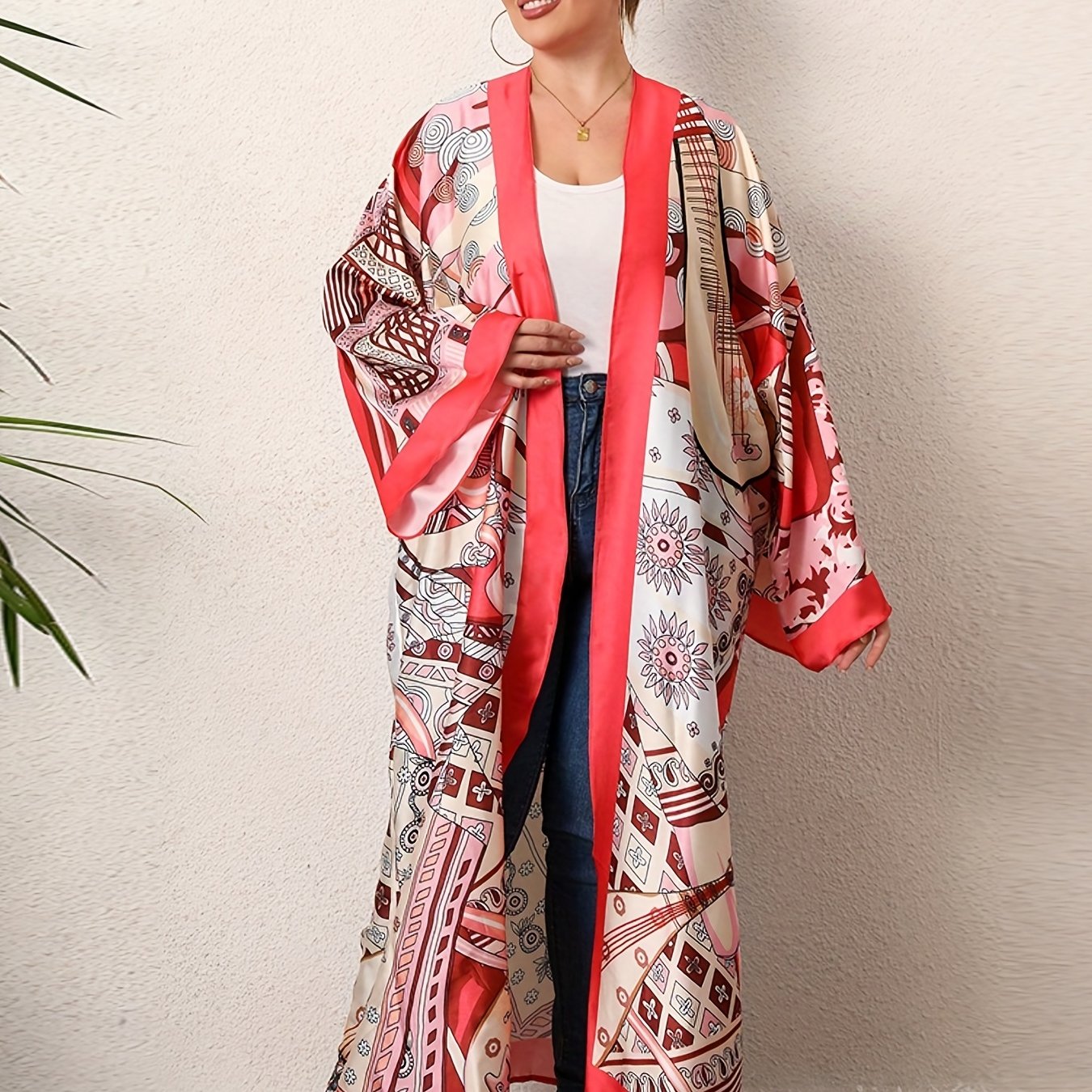 Boho Kimono Women's Plus Graphic Print Contrast Trim Long Sleeve