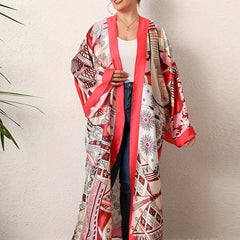 Boho Kimono Women's Plus Graphic Print Contrast Trim Long Sleeve