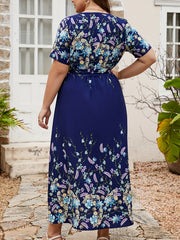 Floral Print Short Sleeve Wrap Dress With Belt