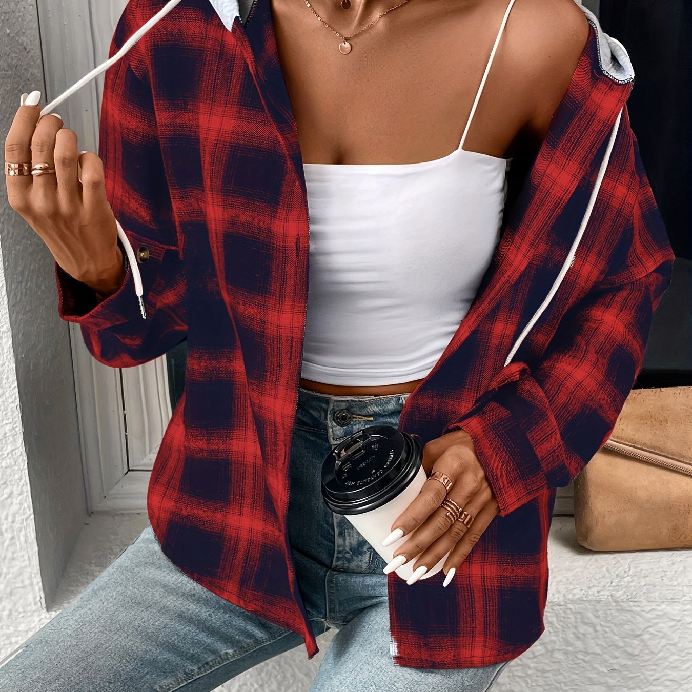 Plaid Print Hooded Jacket Casual Drawstring Long Sleeve
