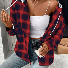 Plaid Print Hooded Jacket Casual Drawstring Long Sleeve