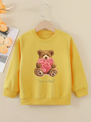 Cartoon Bear And Roses Sweatshirt For Girls Comfy Fit Pullover Tops Youth Kids