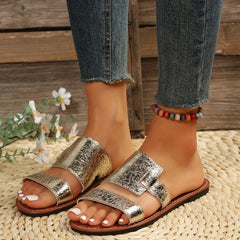 Women's Open Toe Flat Slides Casual Golden Slip On Slide Sandals