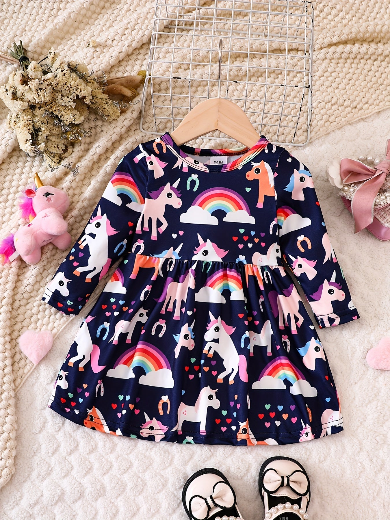 Baby Girls Rainbow Unicorn Print Long Sleeve Dress