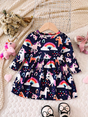 Baby Girls Rainbow Unicorn Print Long Sleeve Dress