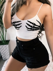 Grunge Skeleton Print Spaghetti Top Sexy Sleeveless Cropped Summer Top