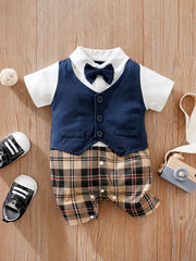 Baby Boys Plaid Tuxedo Romper With Bowtie