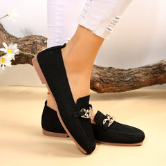 Women's Metallic Chain Decor Flat Shoes Breathable Knit Square Toe Shoes