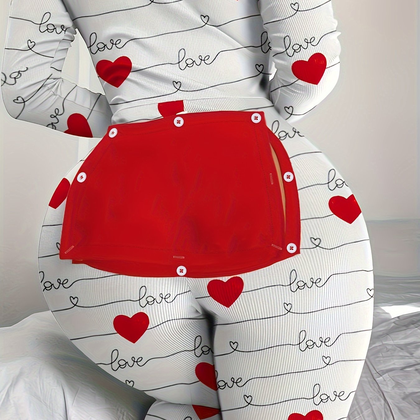 Heart Print Pajama Jumpsuit V Neck Long Sleeve Buttons Pajamas Women's Sleepwear