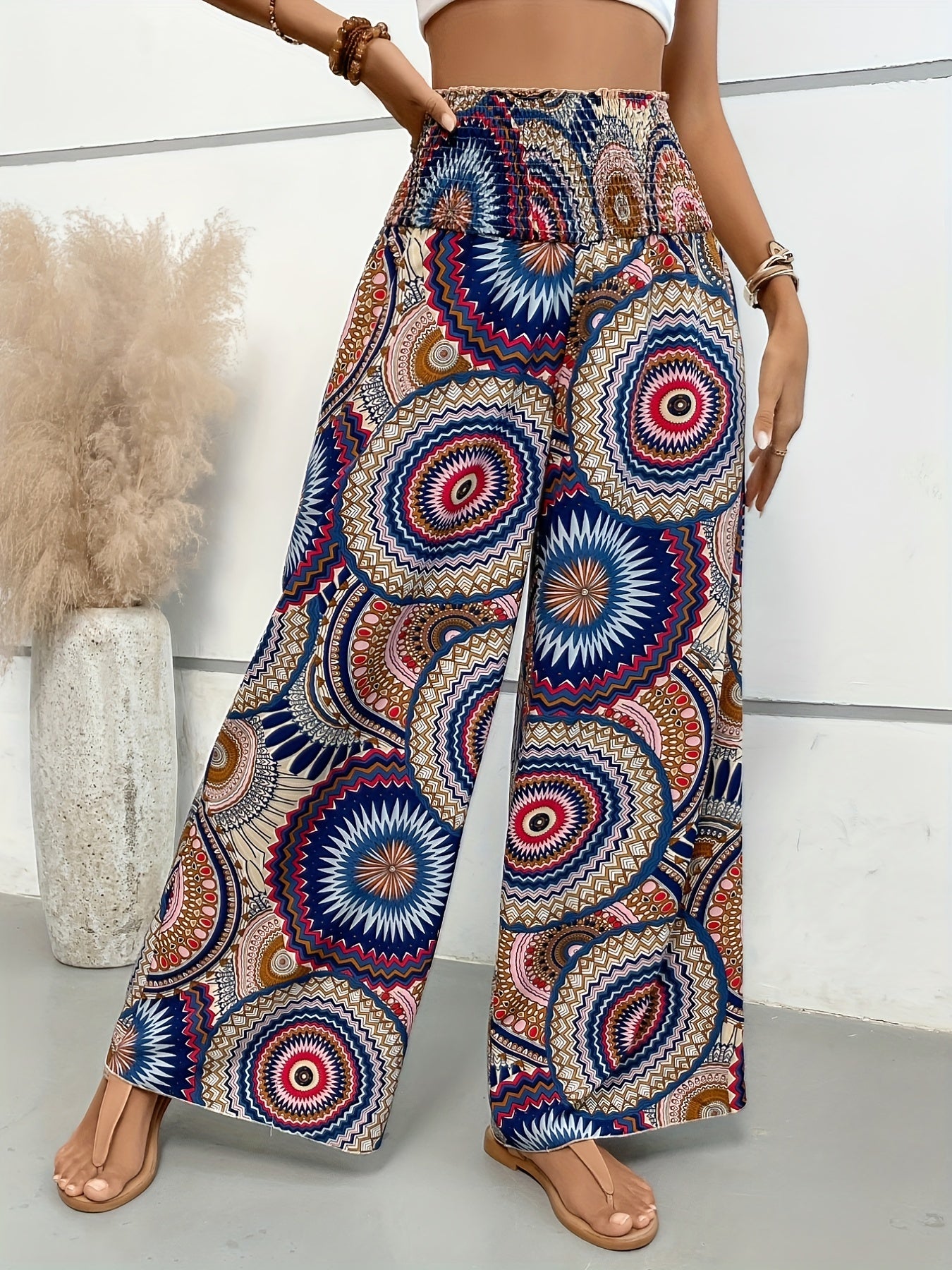 Tropical Print Wide Leg Pants