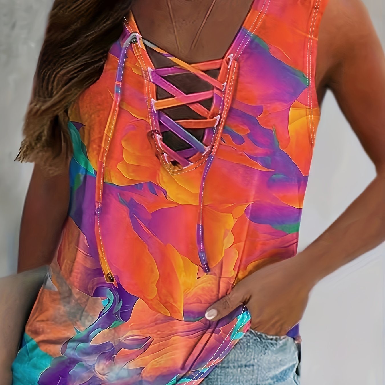 Tie Dye Print Criss Cross Tank Top Slight Stretch