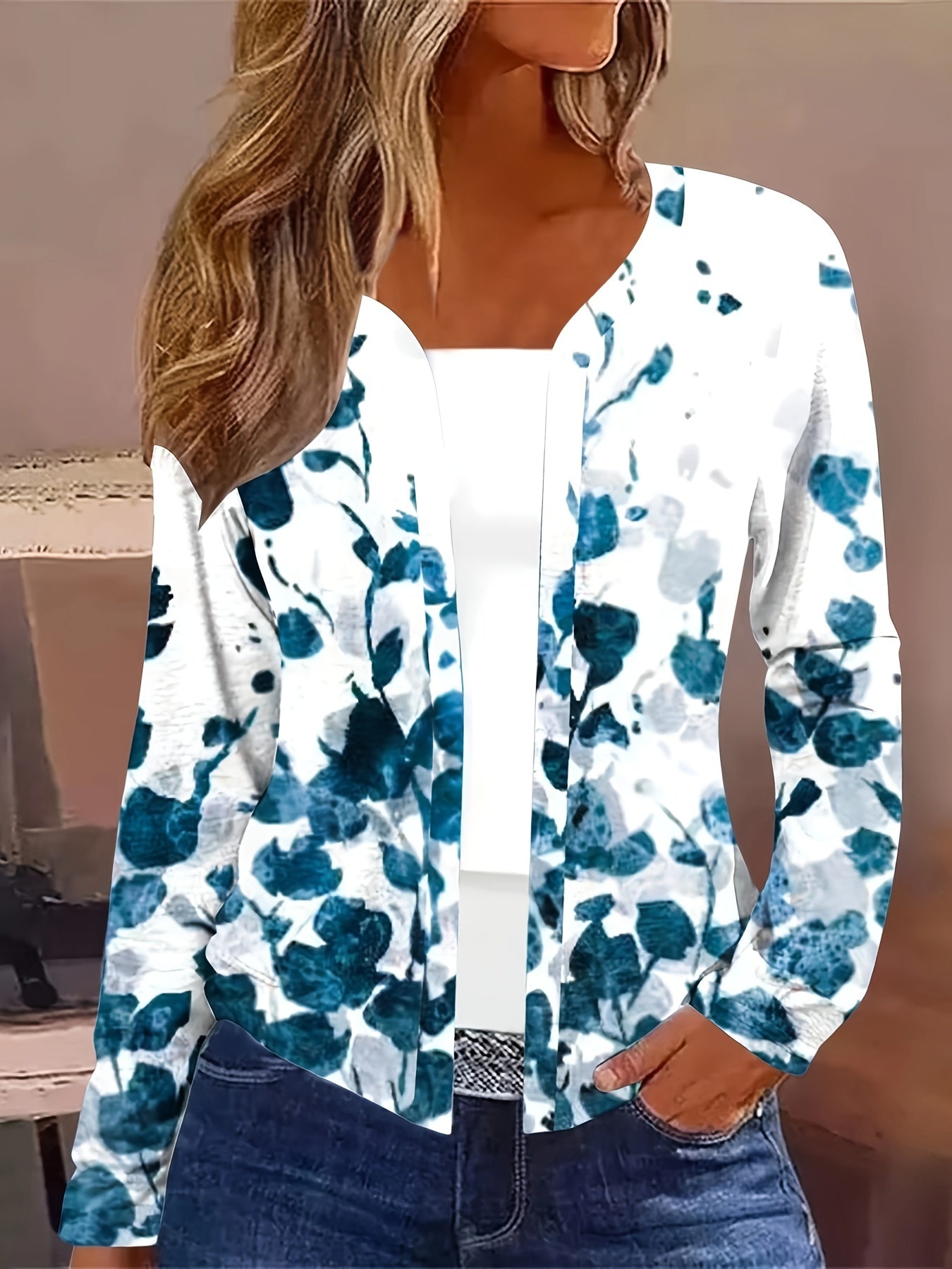 Plus Floral Print Long Sleeve Open Front Cardigan