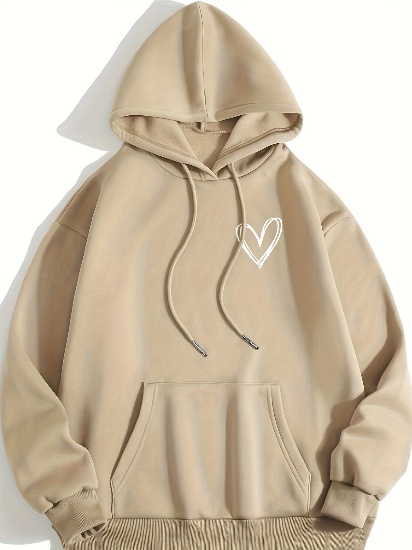 Heart Print Drawstring Hoodie Casual Long Sleeve Kangaroo Pockets Women