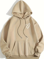 Heart Print Drawstring Hoodie Casual Long Sleeve Kangaroo Pockets Women