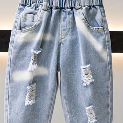 Boys Ripped Denim Jeans Cropped Pants Bottoms Casual Spring Summer Kids