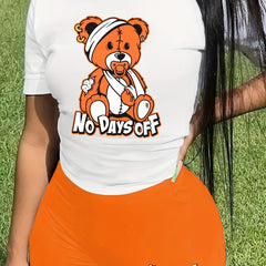 Cartoon Bear Print Two Piece Set Short Sleeve Tee & Letter Print Shorts