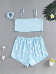 Girls Star Print Tank Top Shorts Set with Hair Band