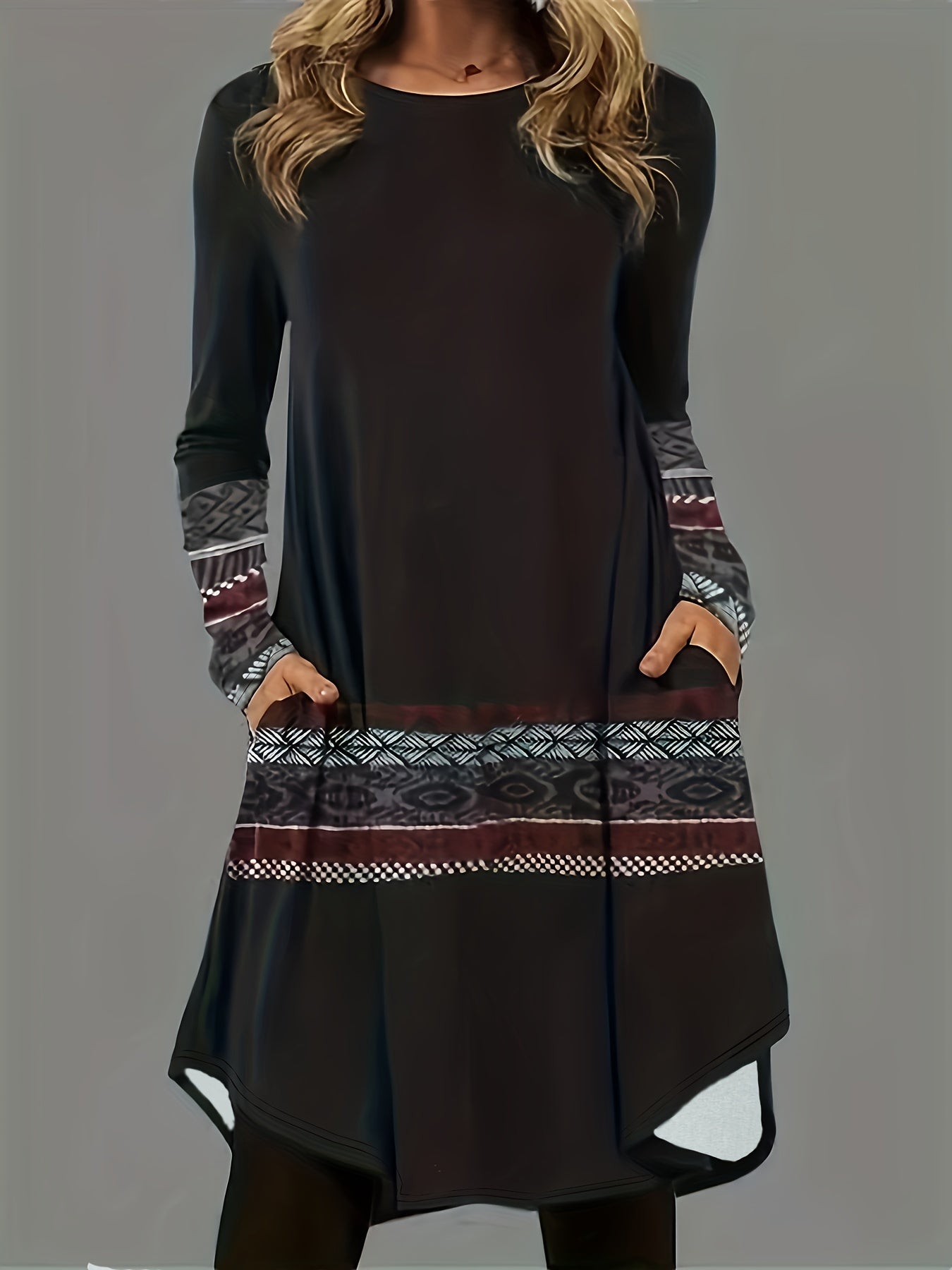 Geometric Print Long Sleeve Plus Size Casual Dress with Pockets