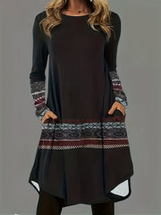 Geometric Print Long Sleeve Plus Size Casual Dress with Pockets