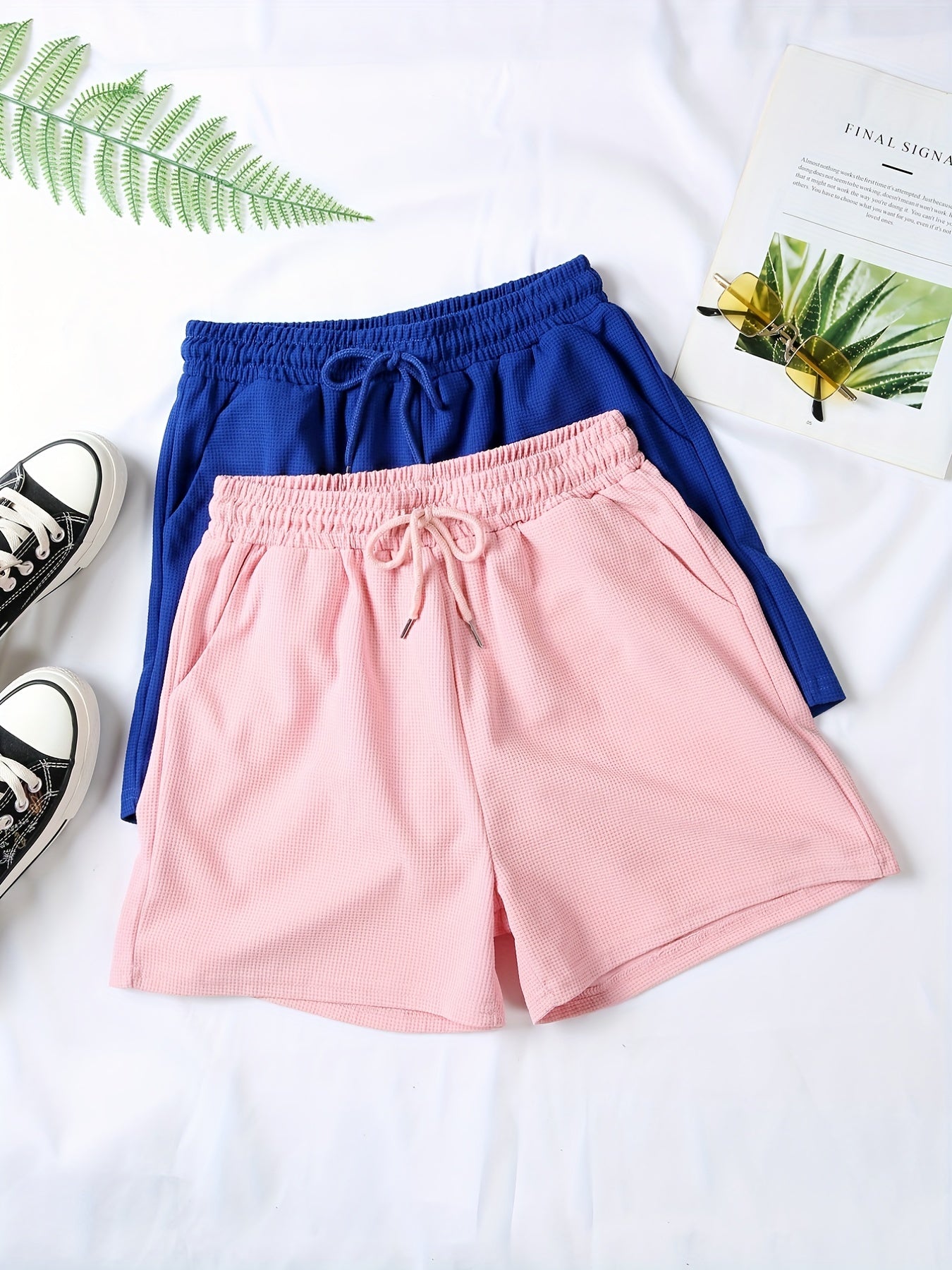 2 Pc Solid Sports Shorts With Pockets Set for Women