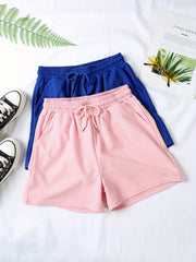 2 Pc Solid Sports Shorts With Pockets Set for Women