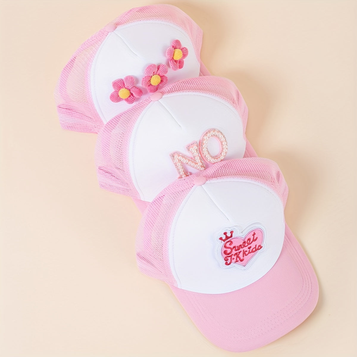 Pink Trucker Hat Flower Heart Letter Baseball Cap Mesh Sunshade Dad H