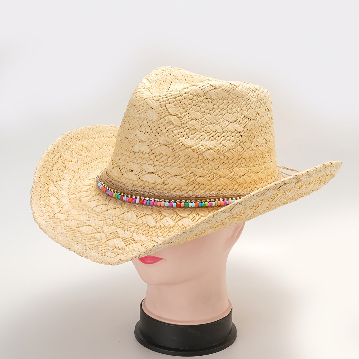 Beige Cowboy Cowgirl Hat Colorful Beads Straw Sun Hat