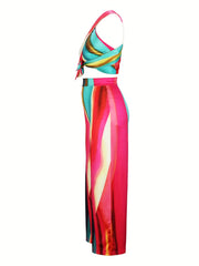 Block Graphic Print Set Sleeveless Crop Top & Wide Leg Pant